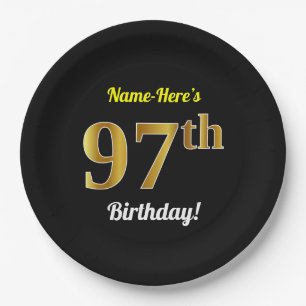 Black, Faux Gold 97th Birthday + Custom Name Paper Plate