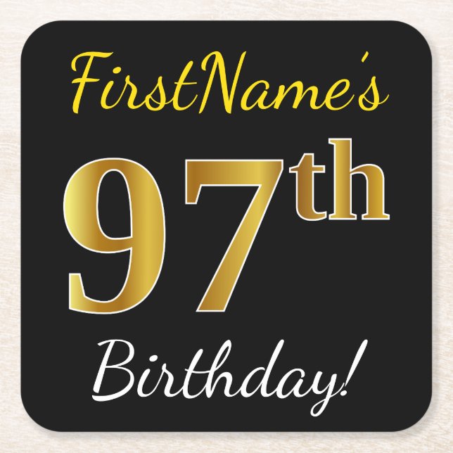 Black, Faux Gold 97th Birthday + Custom Name Square Paper Coaster (Front)