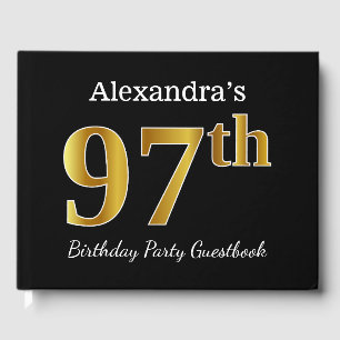 Black, Faux Gold 97th Birthday Party + Custom Name Guest Book