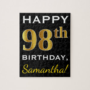 Black, Faux Gold 98th Birthday + Custom Name Jigsaw Puzzle