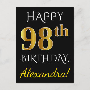 Black, Faux Gold 98th Birthday + Custom Name Postcard