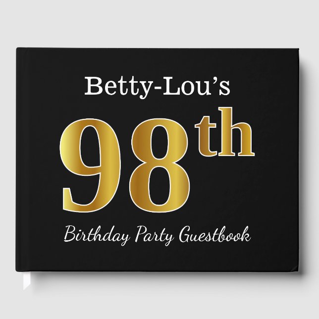 Black, Faux Gold 98th Birthday Party + Custom Name Guest Book (Front)