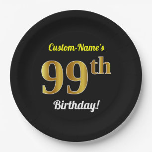 Black, Faux Gold 99th Birthday + Custom Name Paper Plate