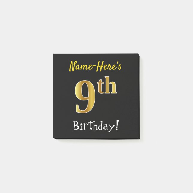 Black, Faux Gold 9th Birthday, With Custom Name Post-it Notes (Front)