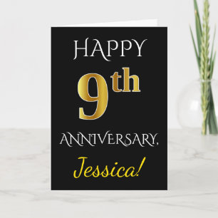 Black, Faux Gold 9th Wedding Anniversary + Name Card
