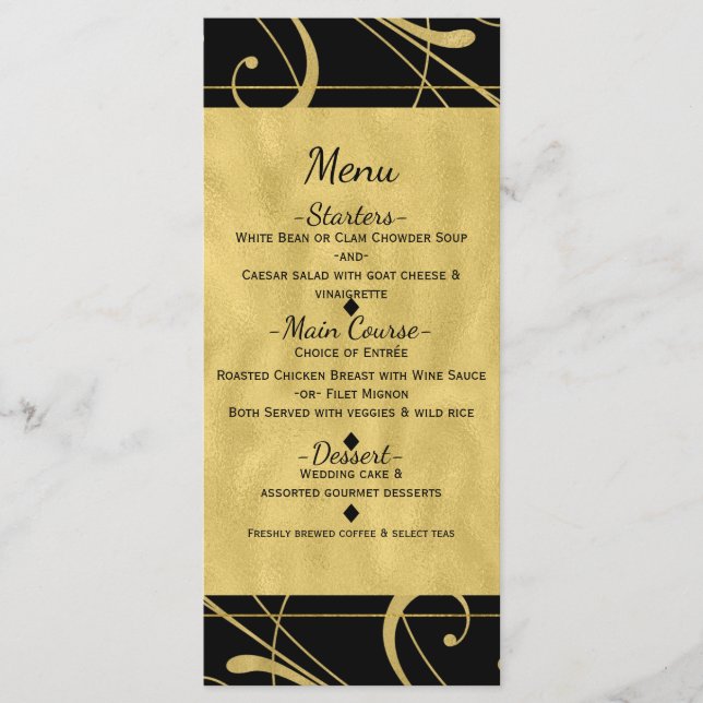 Black & Faux Gold Floral Swirl Chic Wedding Menu (Front)