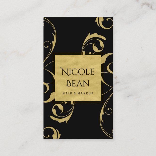 Black & Faux Gold Floral Swirl Elegant Business Card (Front)