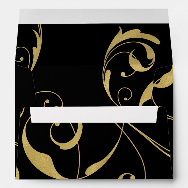 Black & Faux Gold Floral Swirl Elegant Wedding Envelopes (Back (Bottom))