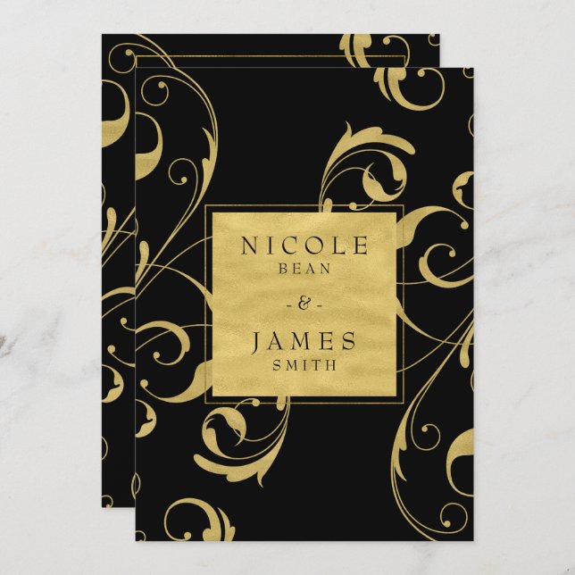 Black & Faux Gold Floral Swirl Elegant Wedding Invitation (Front/Back)