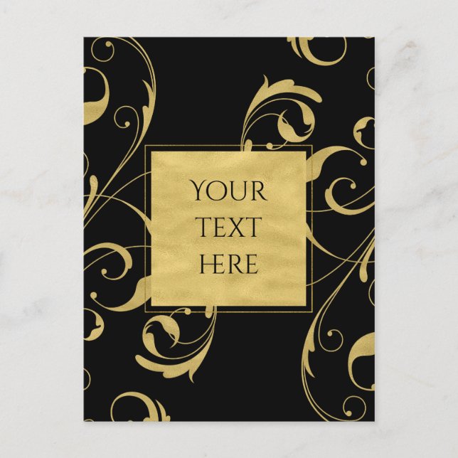 Black & Faux Gold Floral Swirl Elegant Wedding Postcard (Front)