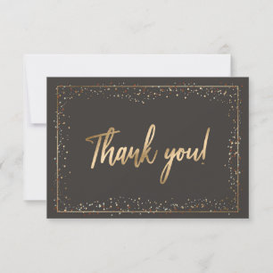 Black & Faux Gold Foil Confetti Chic Brush Script Thank You Card