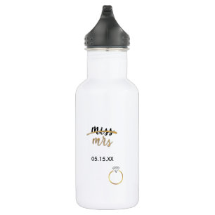 Black & Faux Gold Foil Miss Mrs. Date Water Bottle