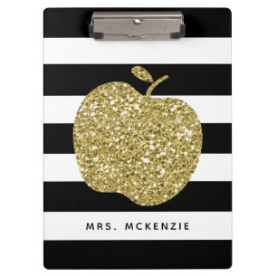 Black & Faux Gold Glitter Apple Teacher Clipboard