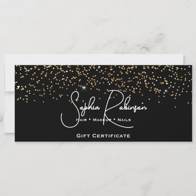 Black & Faux Gold Glitter Gift Certificate Card (Front)