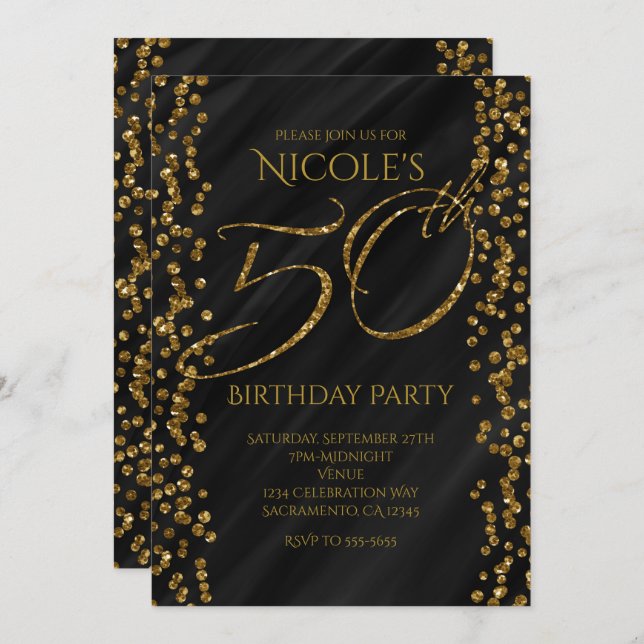 Black & Faux Gold Glitter Glam 50 50th Birthday Invitation (Front/Back)