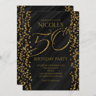 Black & Faux Gold Glitter Glam 50 50th Birthday Invitation