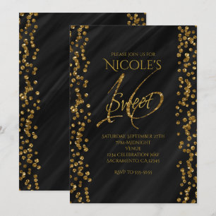 Black & Faux Gold Glitter Glamour SWEET 16 Sixteen Invitation