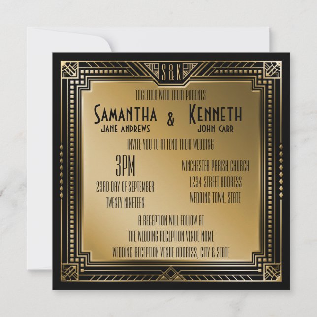 Black & Faux Gold Great Gatsby Geometric Wedding Invitation (Front)