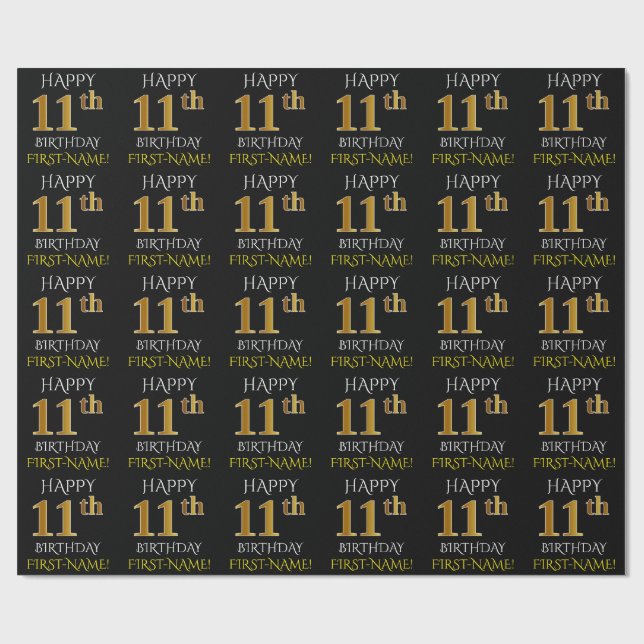 Black, Faux Gold "HAPPY 11th BIRTHDAY" Wrapping Paper (Flat)