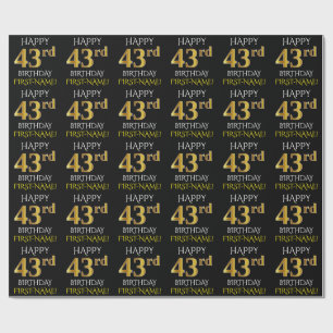 Black, Faux Gold "HAPPY 43rd BIRTHDAY" Wrapping Paper