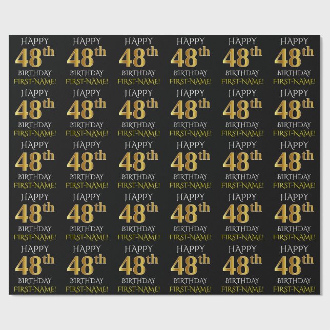 Black, Faux Gold "HAPPY 48th BIRTHDAY" Wrapping Paper (Flat)