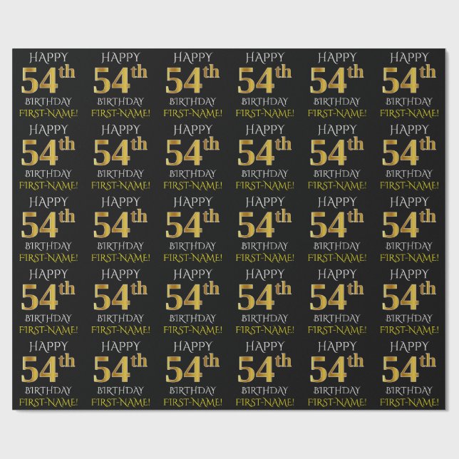 Black, Faux Gold "HAPPY 54th BIRTHDAY" Wrapping Paper (Flat)