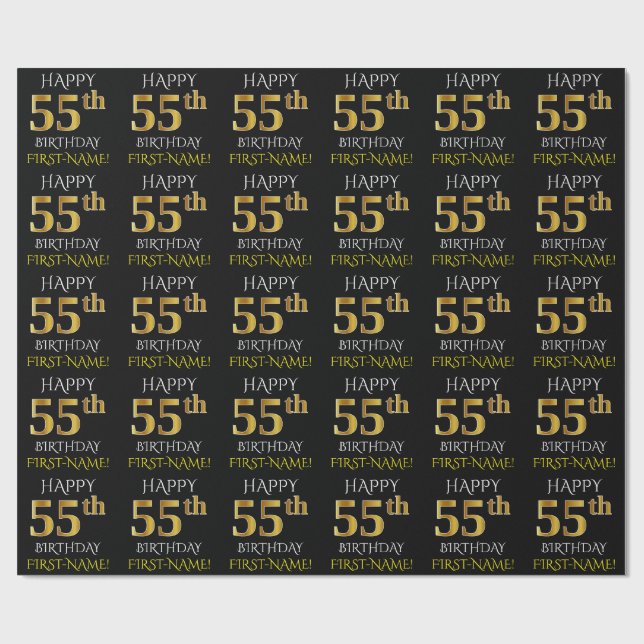 Black, Faux Gold "HAPPY 55th BIRTHDAY" Wrapping Paper (Flat)
