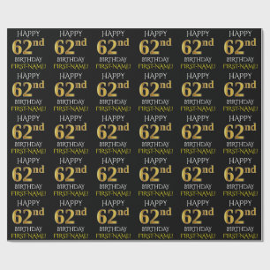Black, Faux Gold "HAPPY 62nd BIRTHDAY" Wrapping Paper