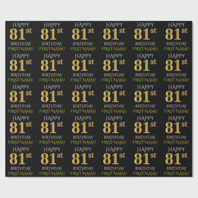 Black, Faux Gold "HAPPY 81st BIRTHDAY" Wrapping Paper (Flat)