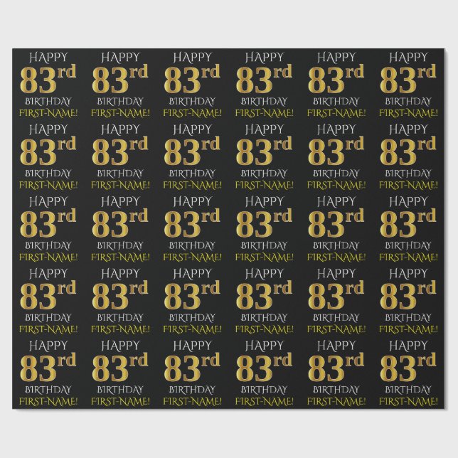 Black, Faux Gold "HAPPY 83rd BIRTHDAY" Wrapping Paper (Flat)