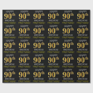 Black, Faux Gold "HAPPY 90th BIRTHDAY" Wrapping Paper
