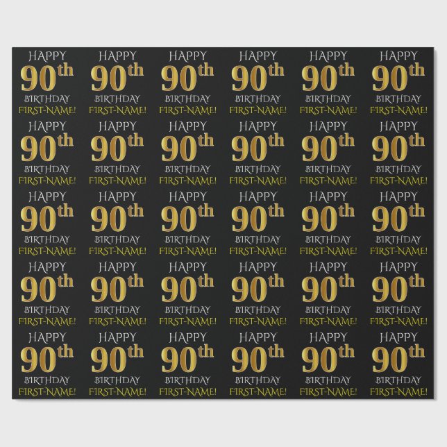 Black, Faux Gold "HAPPY 90th BIRTHDAY" Wrapping Paper (Flat)