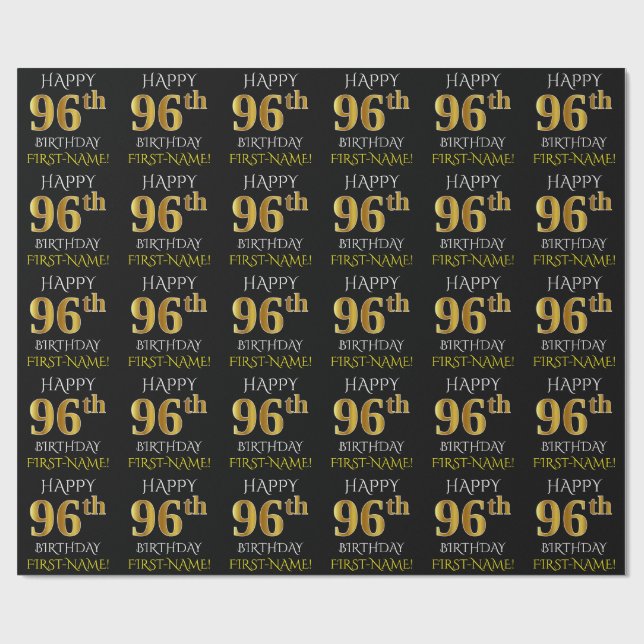 Black, Faux Gold "HAPPY 96th BIRTHDAY" Wrapping Paper (Flat)