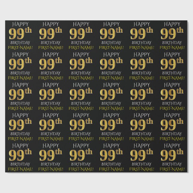 Black, Faux Gold "HAPPY 99th BIRTHDAY" Wrapping Paper (Flat)