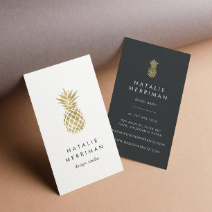 Black & Faux Gold Pineapple Vertical Business Card