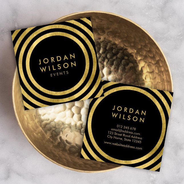 Black Faux Gold Round Lines Geometric Event Square Business Card (Creator Uploaded)