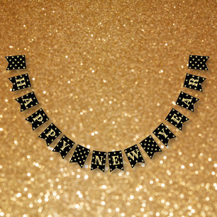 Black Faux Gold Stars Happy New Years Eve Party Bunting