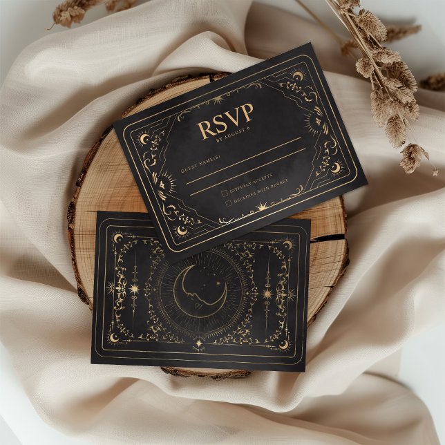 Black & Faux Gold Tarot Celestial Wedding RSVP Card (Creator Uploaded)
