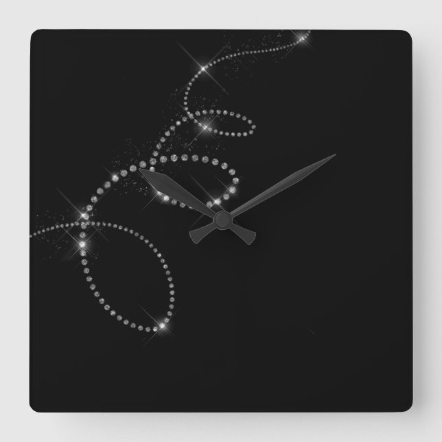 Black Faux Grey Crystals Swarovski Like Infinity Square Wall Clock (Front)