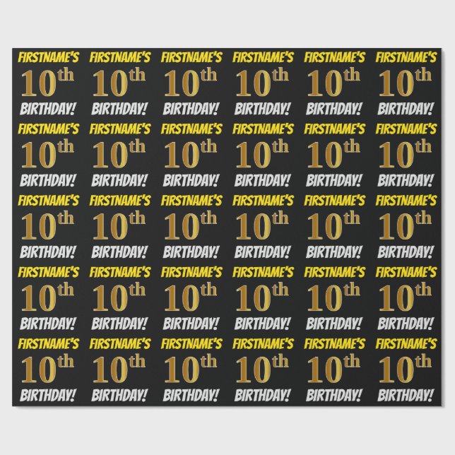 Black, Faux/Imitation Gold, "10th BIRTHDAY" Wrapping Paper (Flat)