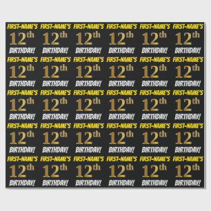 Black, Faux/Imitation Gold, "12th BIRTHDAY" Wrapping Paper