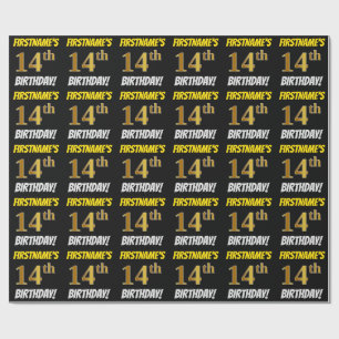 Black, Faux/Imitation Gold, "14th BIRTHDAY" Wrapping Paper