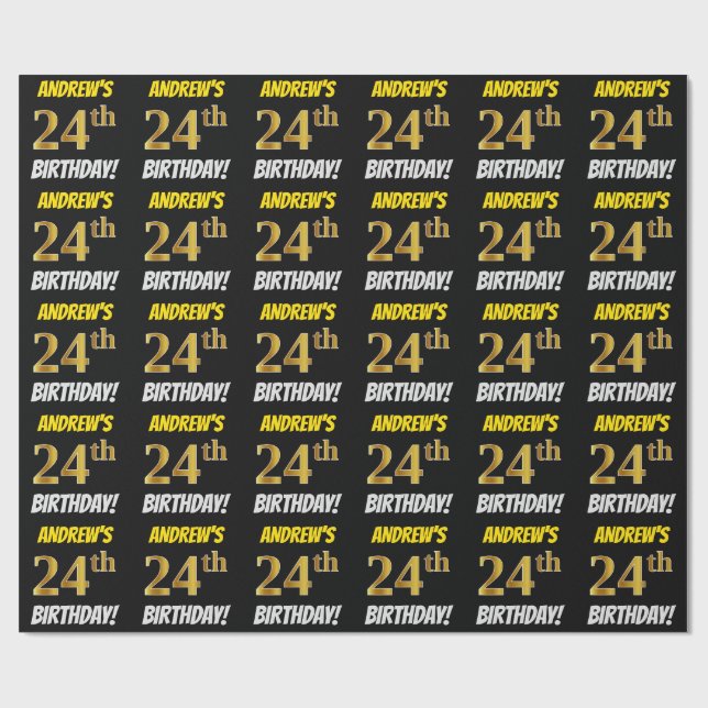 Black, Faux/Imitation Gold, "24th BIRTHDAY" Wrapping Paper (Flat)