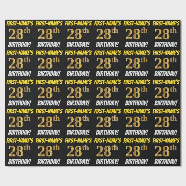 Black, Faux/Imitation Gold, "28th BIRTHDAY" Wrapping Paper (Flat)