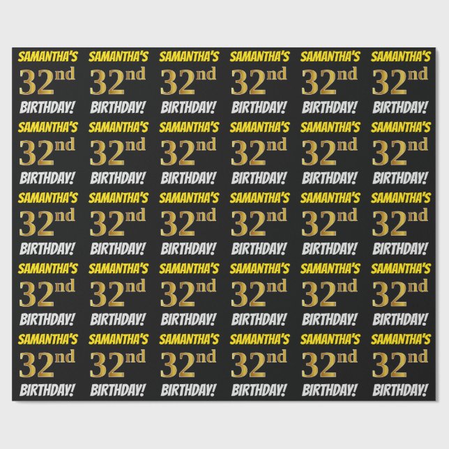 Black, Faux/Imitation Gold, "32nd BIRTHDAY" Wrapping Paper (Flat)