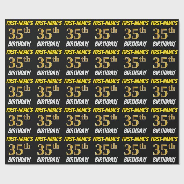 Black, Faux/Imitation Gold, "35th BIRTHDAY" Wrapping Paper (Flat)