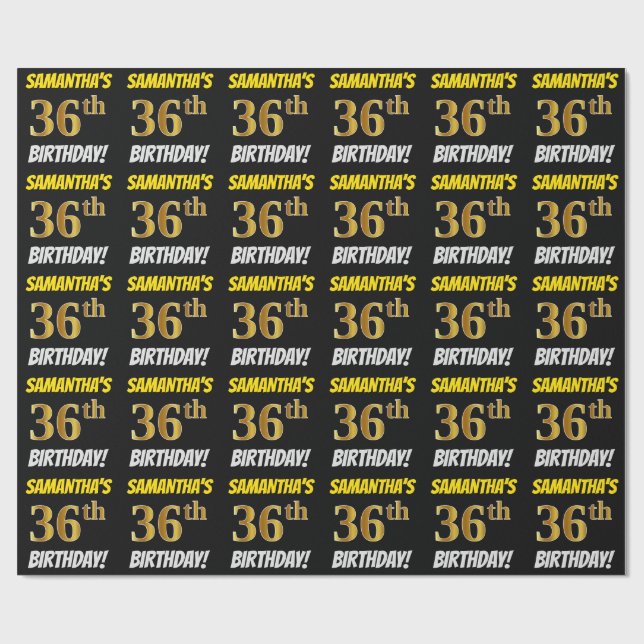 Black, Faux/Imitation Gold, "36th BIRTHDAY" Wrapping Paper (Flat)