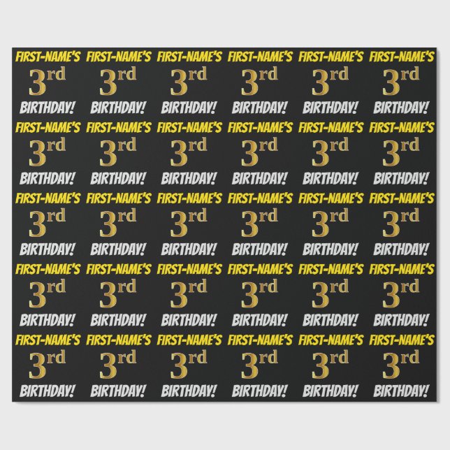 Black, Faux/Imitation Gold, "3rd BIRTHDAY" Wrapping Paper (Flat)