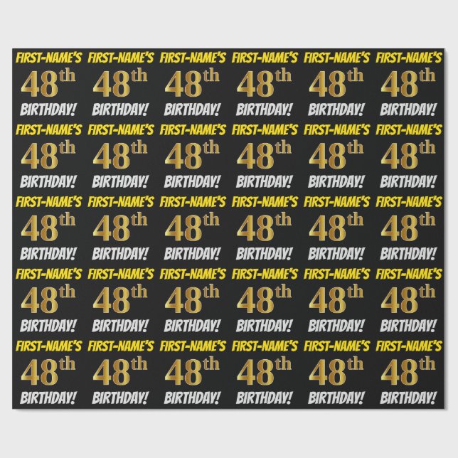 Black, Faux/Imitation Gold, "48th BIRTHDAY" Wrapping Paper (Flat)
