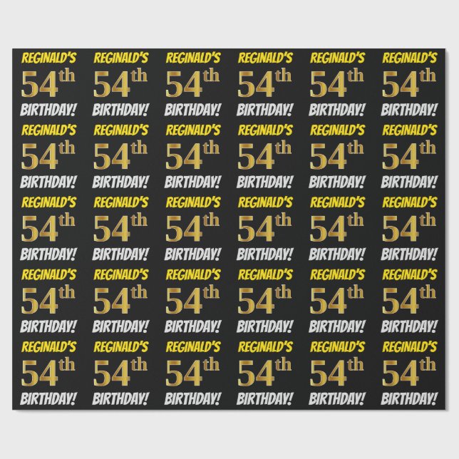 Black, Faux/Imitation Gold, "54th BIRTHDAY" Wrapping Paper (Flat)